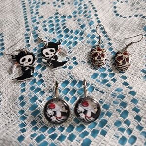 Black Skull & Sugar Skull Dangle Earring Set - Women's Jewelry